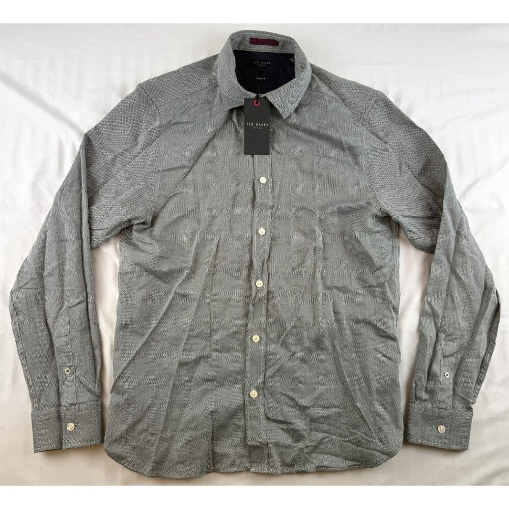 NWT Ted Baker Crotone Long Sleeve Herringbone Shirt Size 3 (M) Regular Fit in LT - Picture 2 of 15